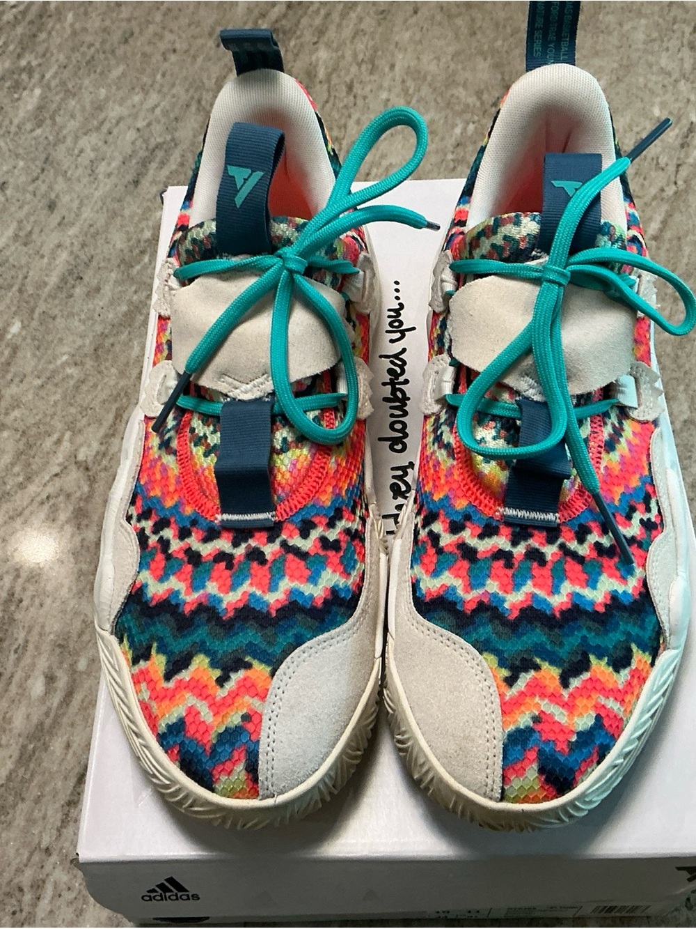 adidas Multicolor Knit Athletic Shoes with Teal Laces